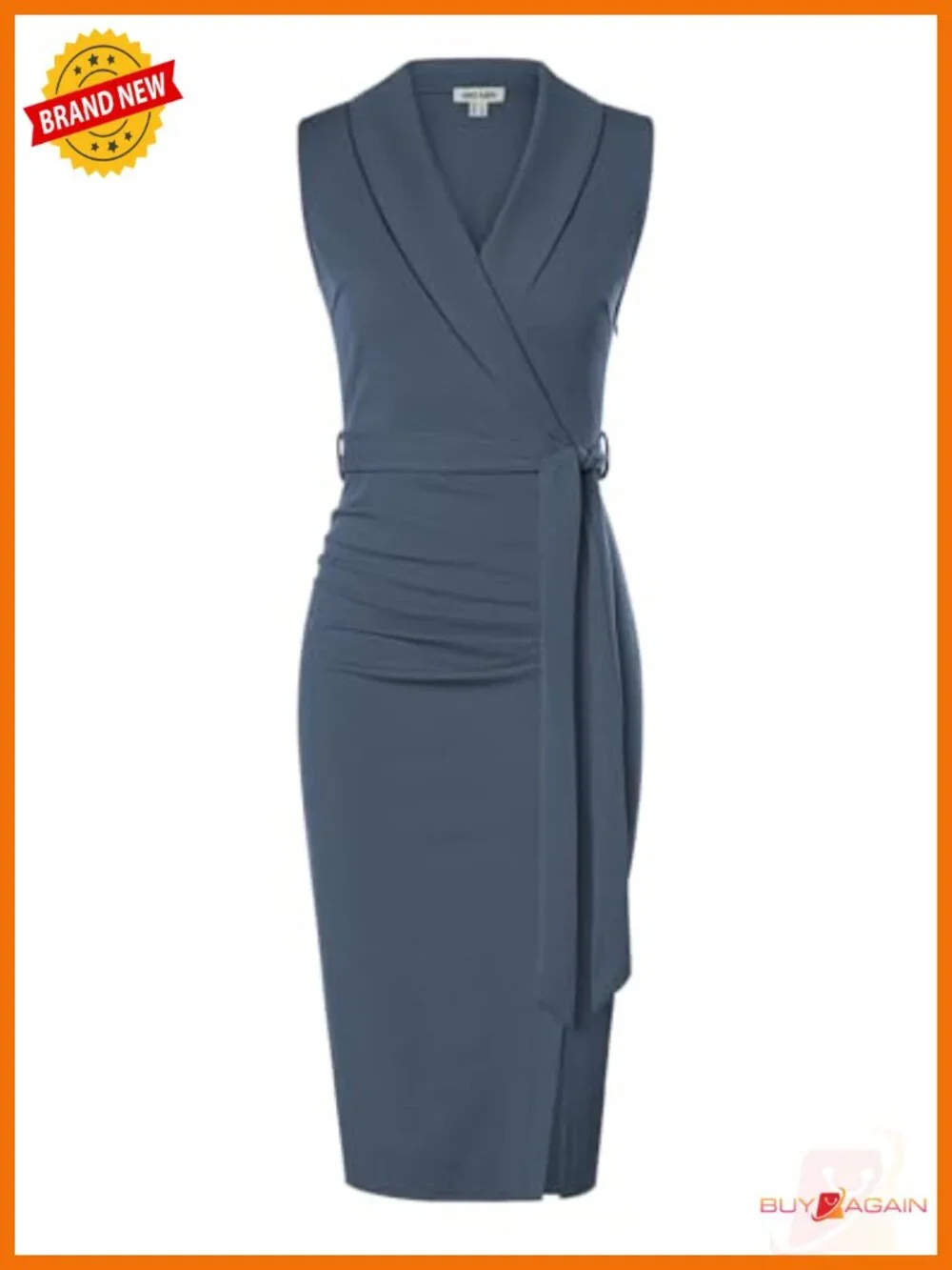 Womens Ruched Bodycon Midi Work Dress Sleeveless V Neck Belted Office